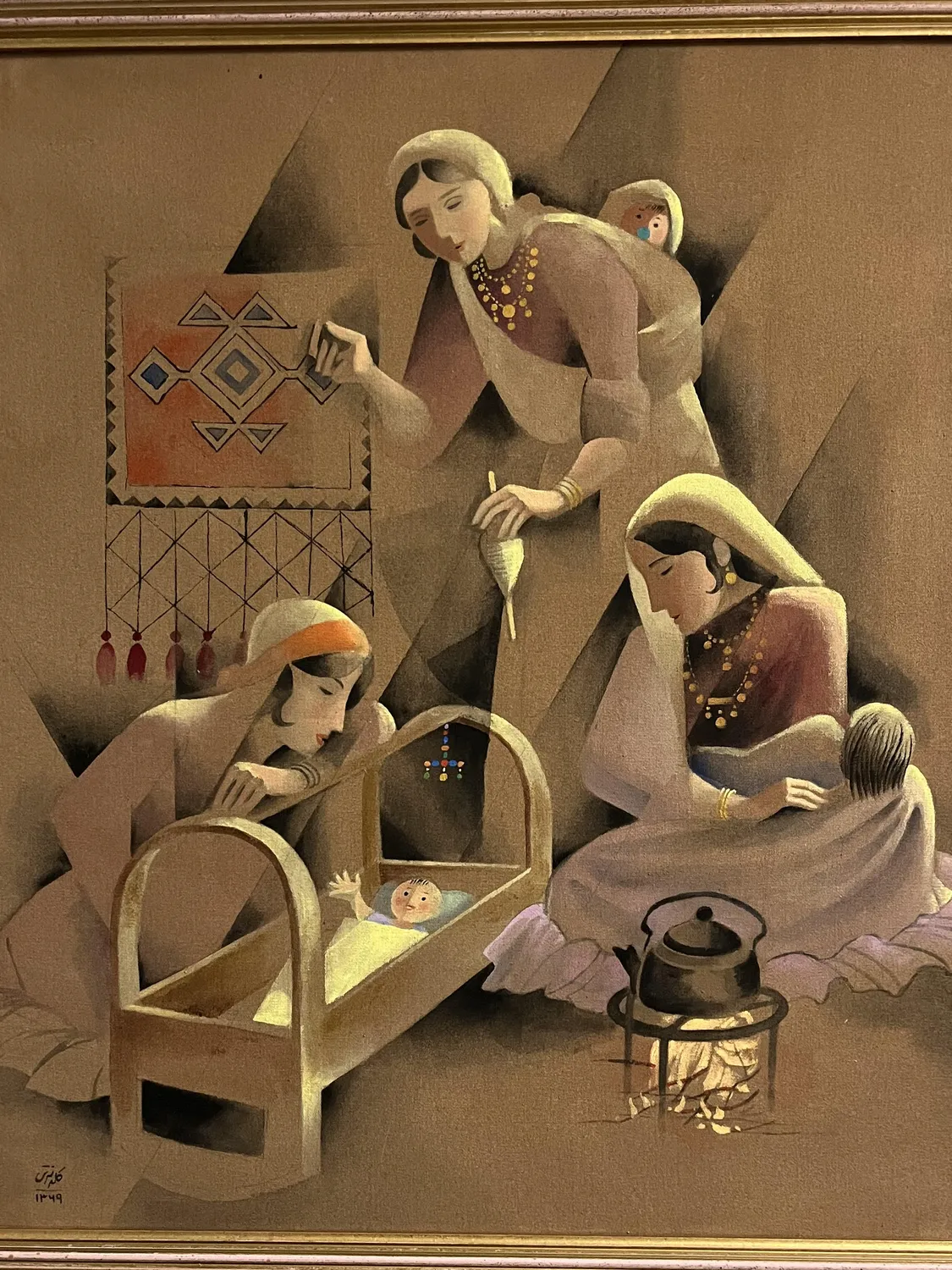Persian painting of women weaving at a loom, spinning wool, and rocking a baby's wooden cradle