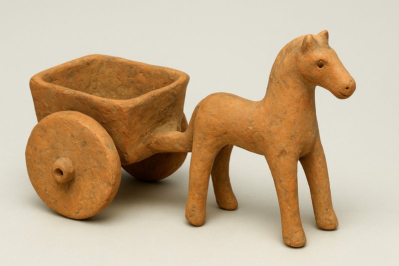Clay horse pulling a wheeled cart — ancient toy from the Iranian Plateau
