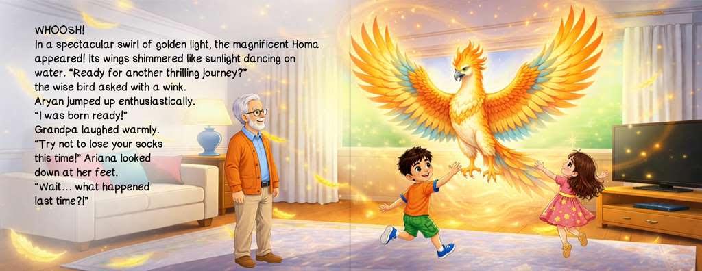 Homa the golden bird appearing in a swirl of light to carry Aryan and Ariana on another journey