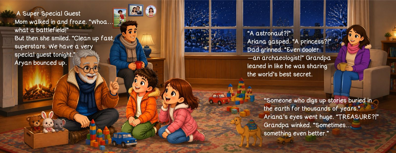 Grandpa telling Aryan and Ariana that their special guest is an archaeologist who digs up buried stories