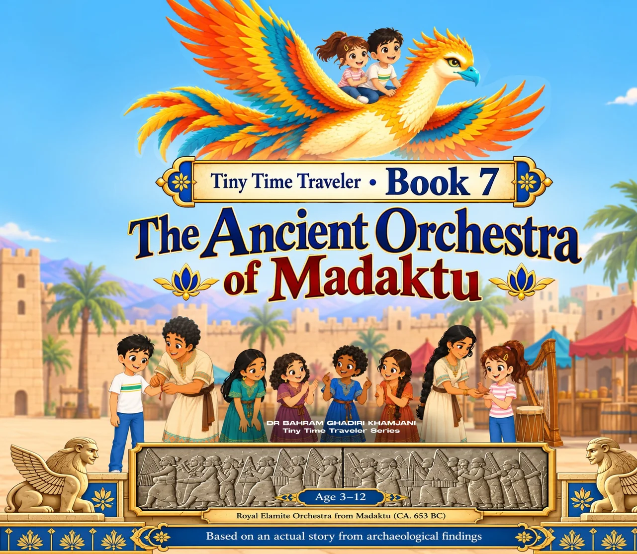 Book cover — The Ancient Orchestra of Madaktu, Book Seven in the Time Travelers to Ancient Persia series, set in the Elamite royal city of Madaktu