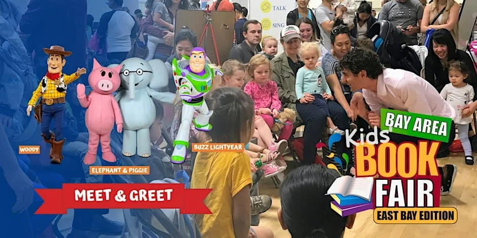 Banner for the Bay Area Kids' Book Fair, East Bay Edition, showing children at a storytime with costumed Woody, Elephant and Piggie, and Buzz Lightyear.