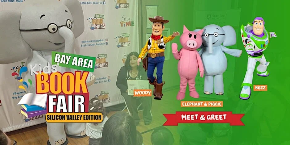 Banner for the Bay Area Kids' Book Fair, Silicon Valley Edition, with costumed Woody, Elephant and Piggie, and Buzz Lightyear meeting families at a storytime.
