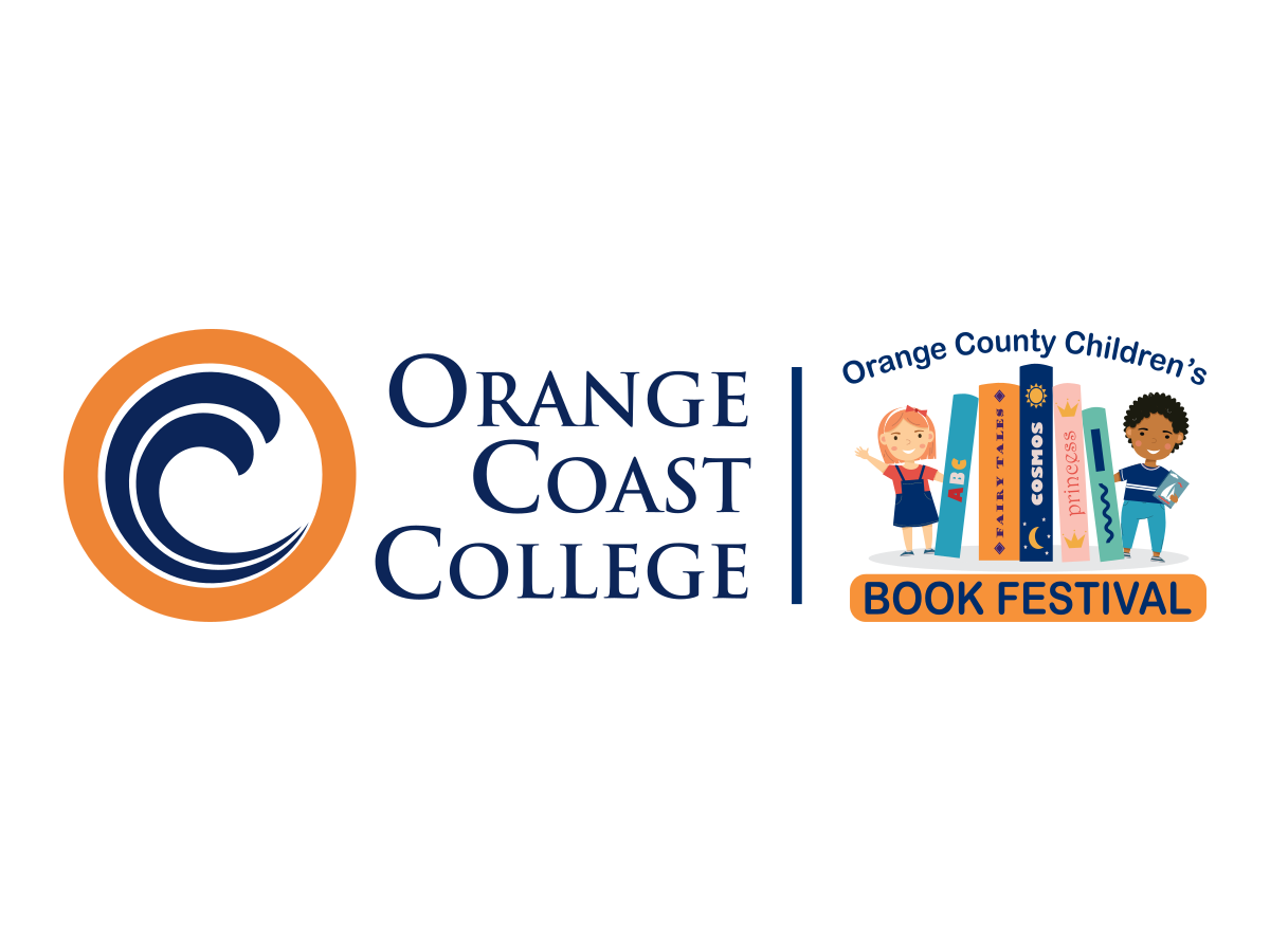 Orange Coast College and Orange County Children's Book Festival logo lockup — the college's navy and orange wave mark beside two illustrated children standing among a row of colorful books labeled ABC, Fairy Tales, Cosmos, and Princess.