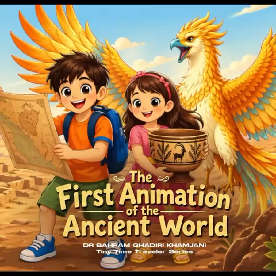 Aryan and Ariana holding the painted goblet from the Burnt City, with the golden Homa bird behind them