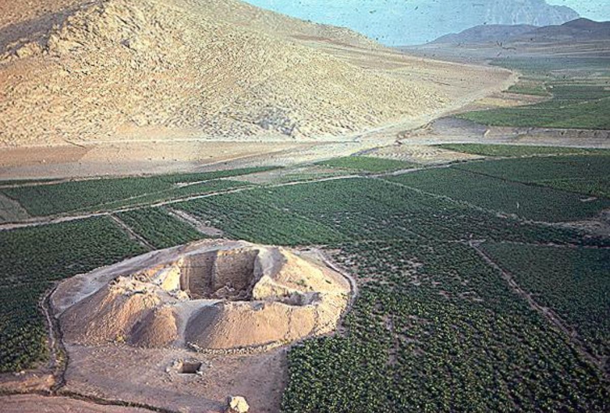 Aerial view of the Ganj Dareh mound, one of the world's earliest farming villages, ringed by green fields in western Iran