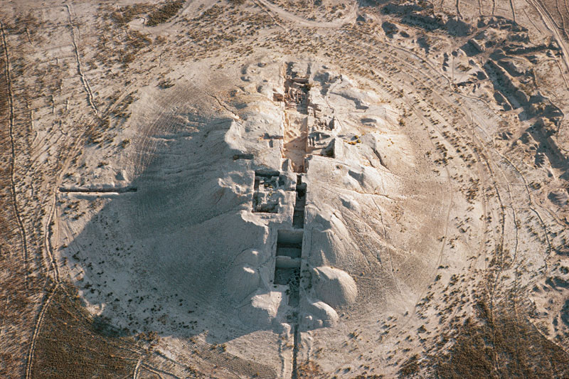 Aerial view of the excavation trench cut straight through the Tepe Yahya mound in southern Iran