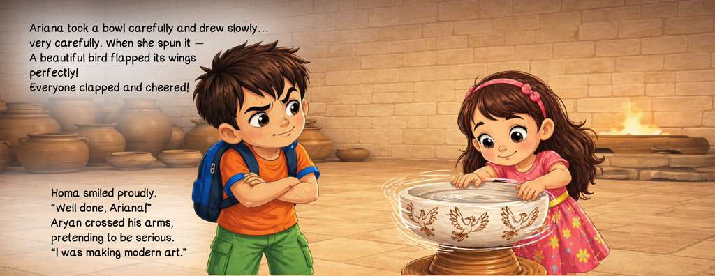 Ariana spinning a painted pottery bowl on a potter's wheel while Aryan watches